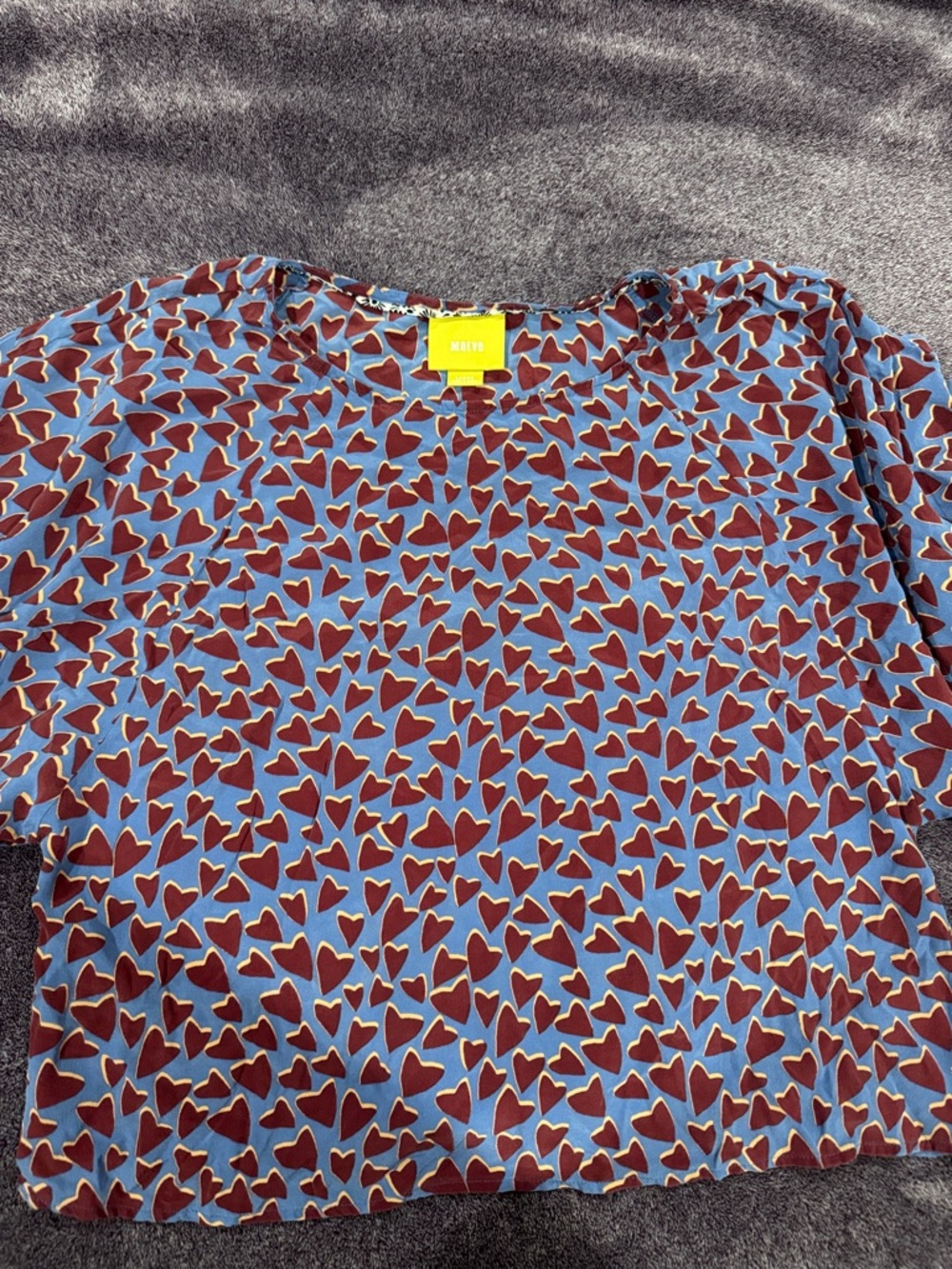 Maeve Blue Blouse with Burgundy and Cream Heart Motif